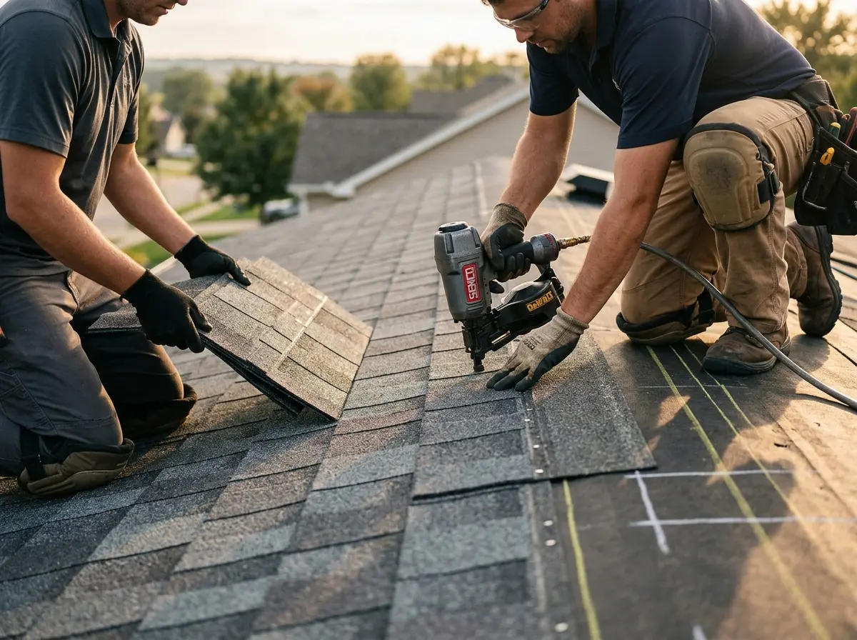 Professional roofer working on a residential roof in North Bend